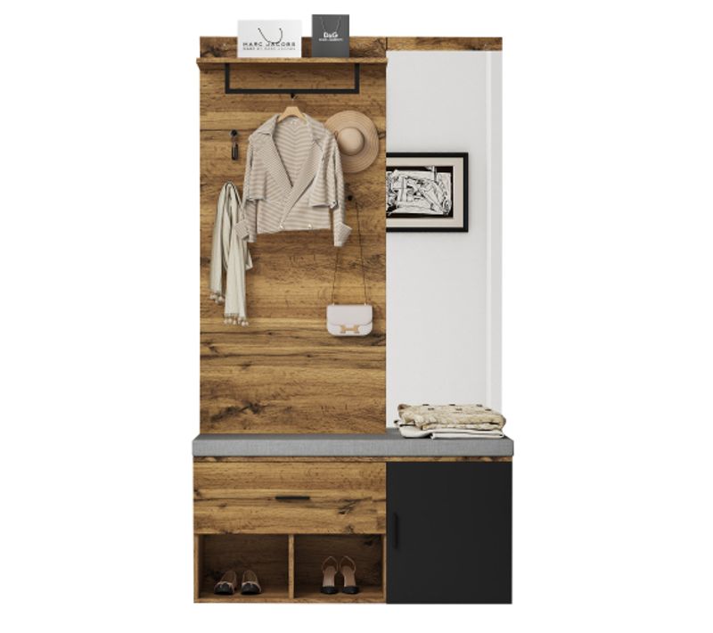 Vestiaire D'entrée Avec Miroir, Armoire à Chaussures, Tiroir, Étagère, 4 Crochets, Chêne