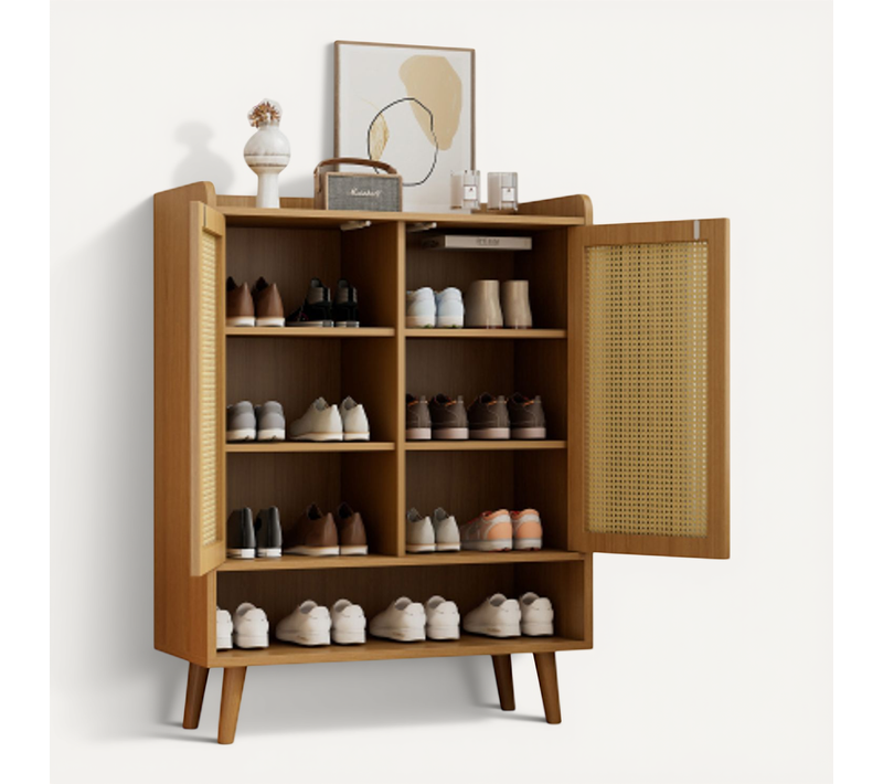 Meuble à Chaussures Bois Avec 2 Portes  En Rotin Et 5 Étagères, Rangement Ouvert, Pieds En Bois