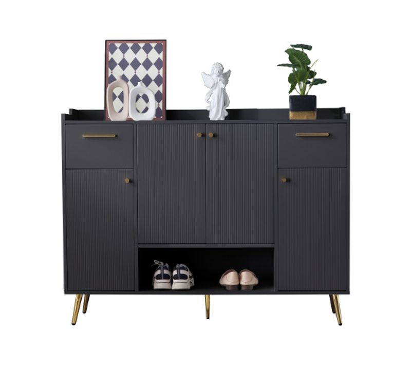 Meuble à Chaussures Noir Avec 2 Tiroirs, 4 Portes Et Rangement Ouvert, Pieds En Métal