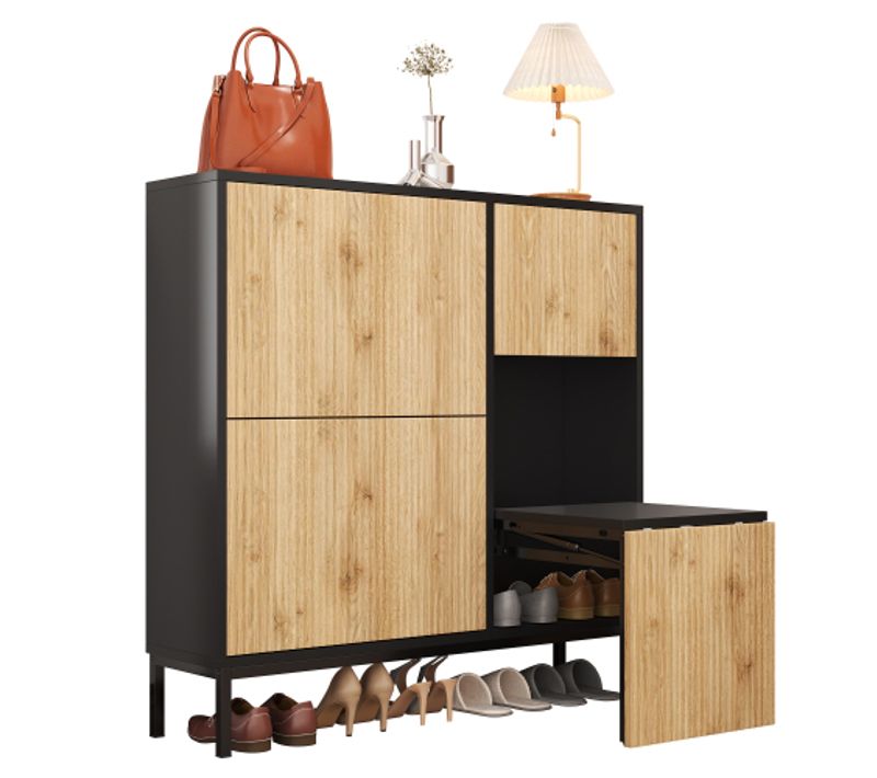 Meuble à Chaussures Noir Et Bois Avec Banc à Chaussures Pliable, Étagères à Chaussures Rabattables