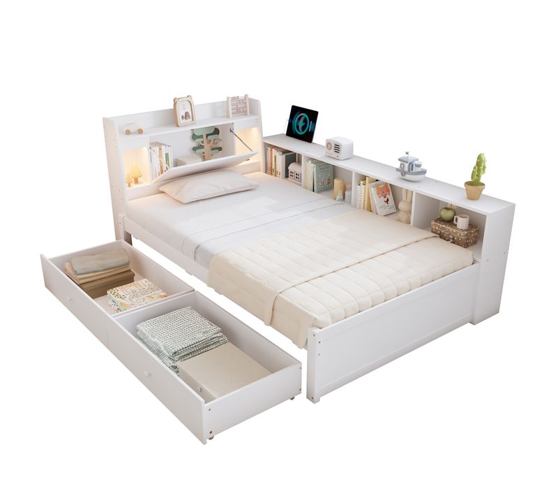 Lit Enfant 90x200 Cm Avec 2 Lampes, Tiroirs De Rangement Et Ports De Charge, Pin Blanc