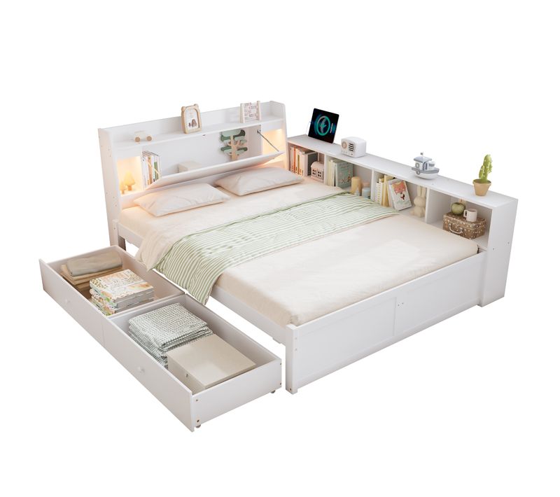 Lit Avec Rangement 140x200cm 2 Places, Lampes Et Ports De Charge, Pin Blanc