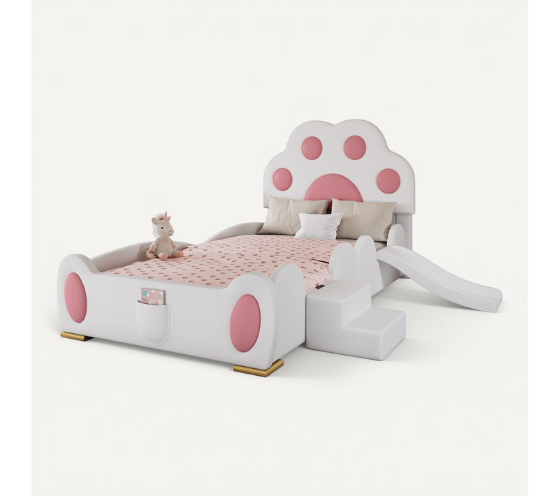 Lit Enfant 90x200 Cm Avec Toboggan Et Échelle, Patte De Chat, Pu Rose Et Blanc