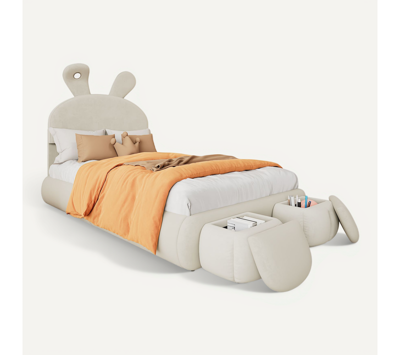Lit Enfant 90x200 Cm Avec LED, Oreilles De Lapin Et 2 Poufs De Rangement, Velours Beige