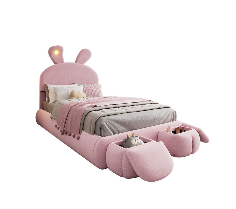 Lit Enfant LED 90x200 Cm Avec Oreilles De Lapin Et 2 Poufs De Rangement, Velours Rose