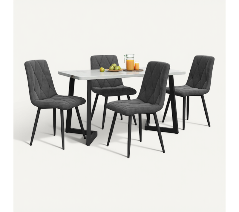 Ensemble De Table Avec Lot De 4 Chaises, Chaise En Sergé, Pieds De Table Noirs, Panneau Blanc, Gris