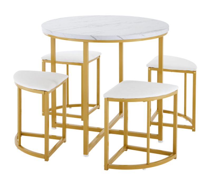Ensemble De Table Avec Lot De 4 Chaises, Table Ronde, Cadre En Métal Doré, Blanc