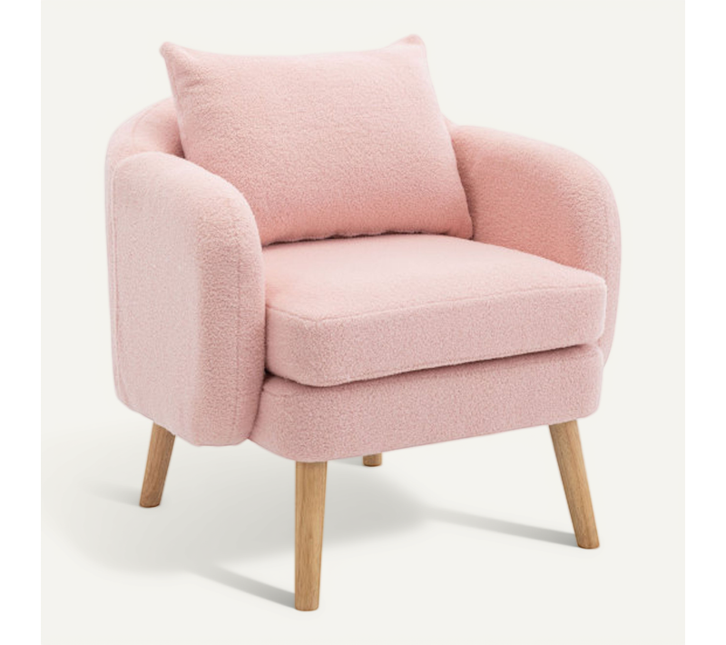 Fauteuil En Tissu Teddy Avec Coussins De Dossier Et D'assise, Pieds En Bois, Rose