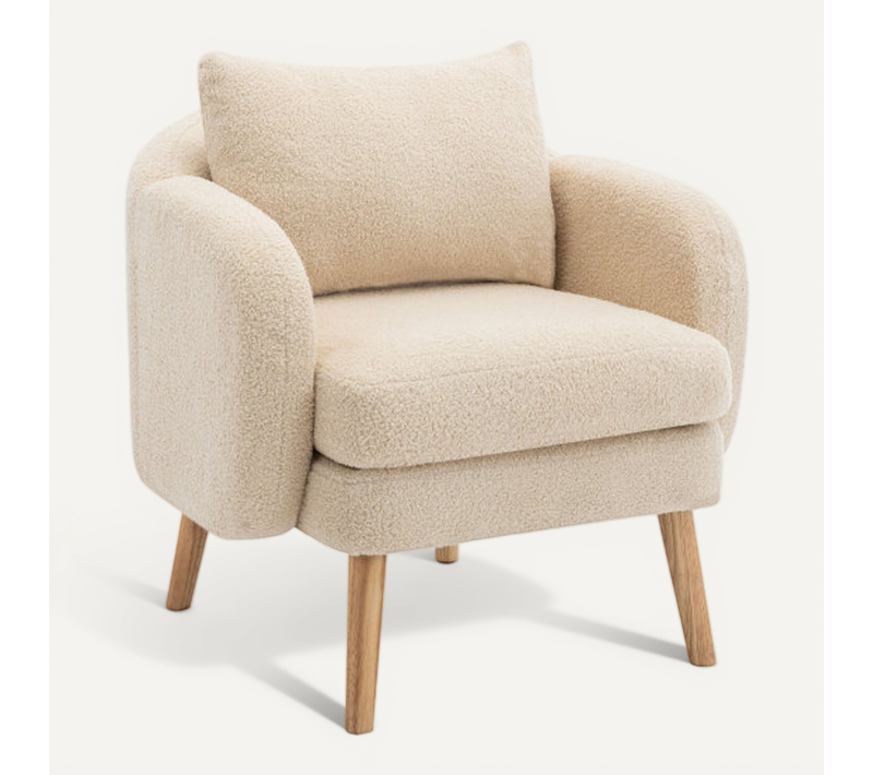 Fauteuil En Tissu Teddy Avec Coussins De Dossier Et D'assise, Pieds En Bois, Beige