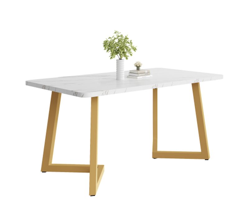 Table à Manger Rectangulaire Blanche, En Placage De Marbre, Pieds En Métal Doré