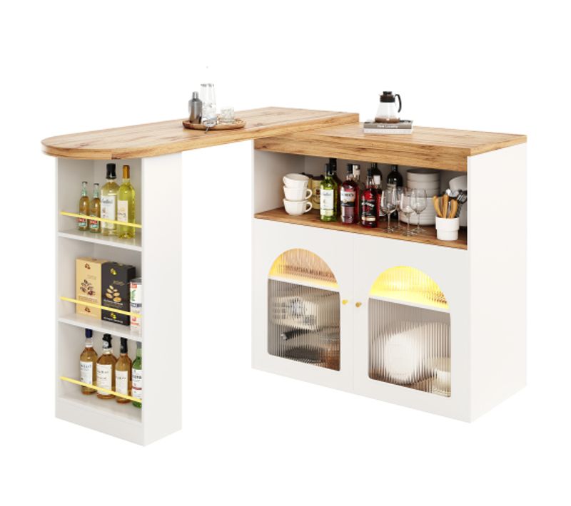 Table à Manger Extensible Rotative Blanche Avec 2 Portes, Rangements Ouverts, Bande Lumineuse LED