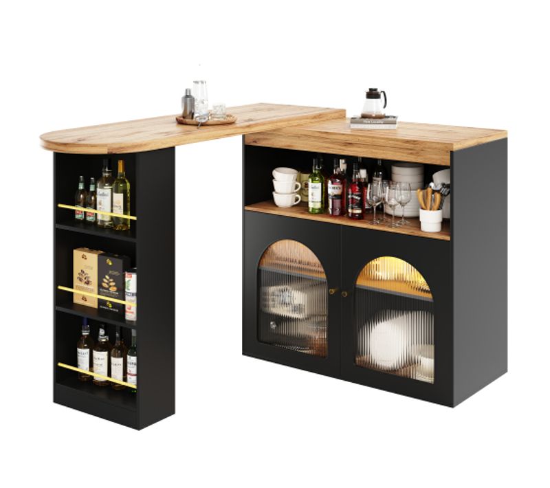 Table à Manger Extensible Rotative Noire Avec 2 Portes, Rangements Ouverts, Bande Lumineuse LED