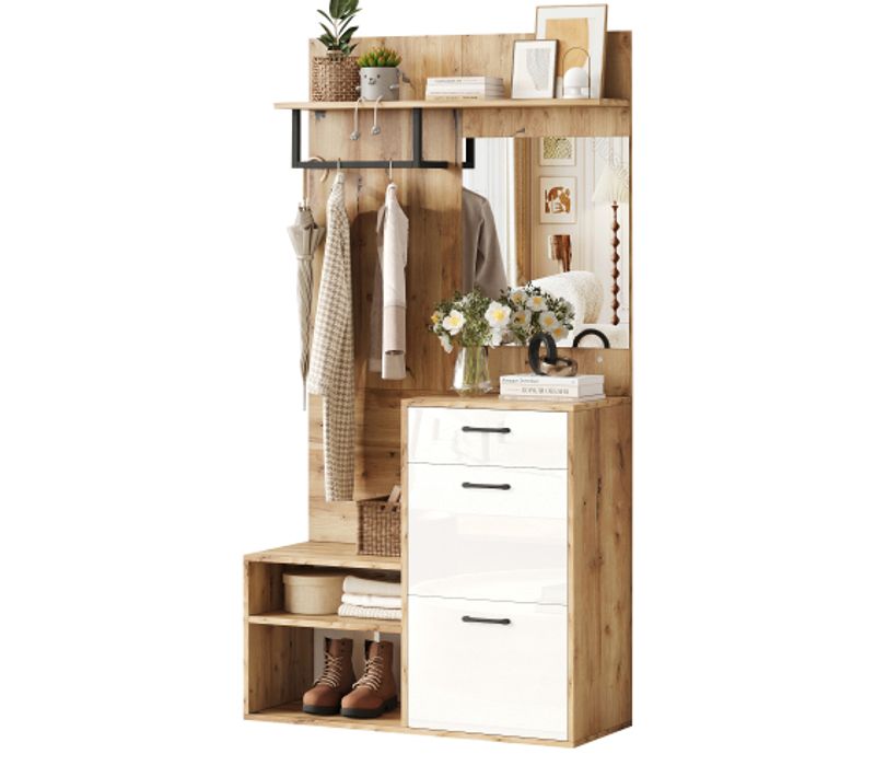 Vestiaire D'entrée Avec Miroir, Armoire à Chaussures, Étagère Murale, 1 Tiroir, Blanc