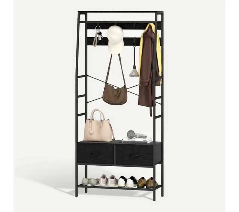 Vestiaire D'entrée Avec Étagère à Chaussures, 2 Tiroirs, 8 Crochets, Noir