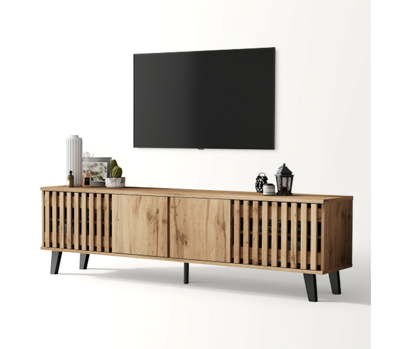Meuble TV 180x40x55cm Pour TV 70 Pouces, 4 Portes, Panneaux De Particules, Couleur Bois