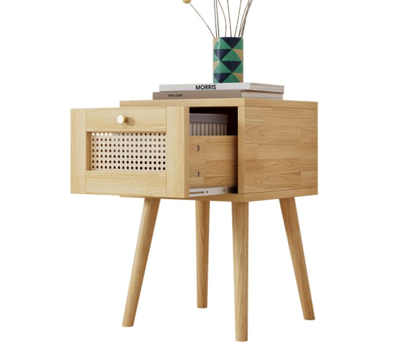 Table De Chevet Bois Avec Tiroir En Rotin, Poignée En Métal Doré, Pieds En Bois