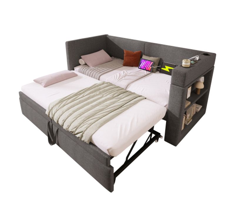 Lit Gigogne Enfant 90x200 Cm Avec Port De Charge Et Porte-gobelets, Gris