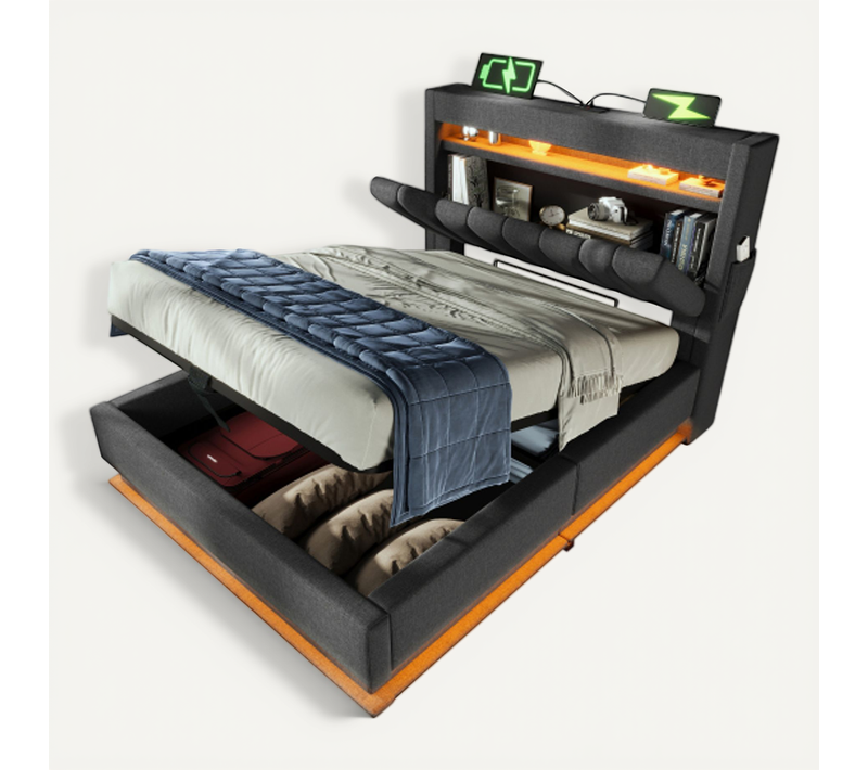 Lit Coffre 90x200 Cm, Lit Enfant Avec LED, Port De Charge, Des Rangements, Gris