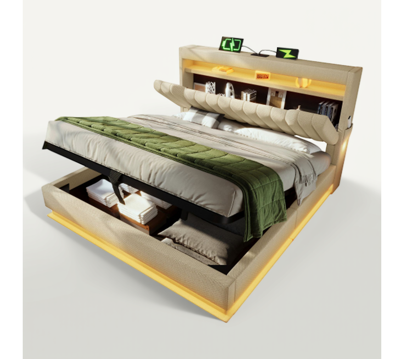Lit Coffre 140x200 Cm, Lit Adulte Avec LED, Port De Charge, Des Rangements, Beige