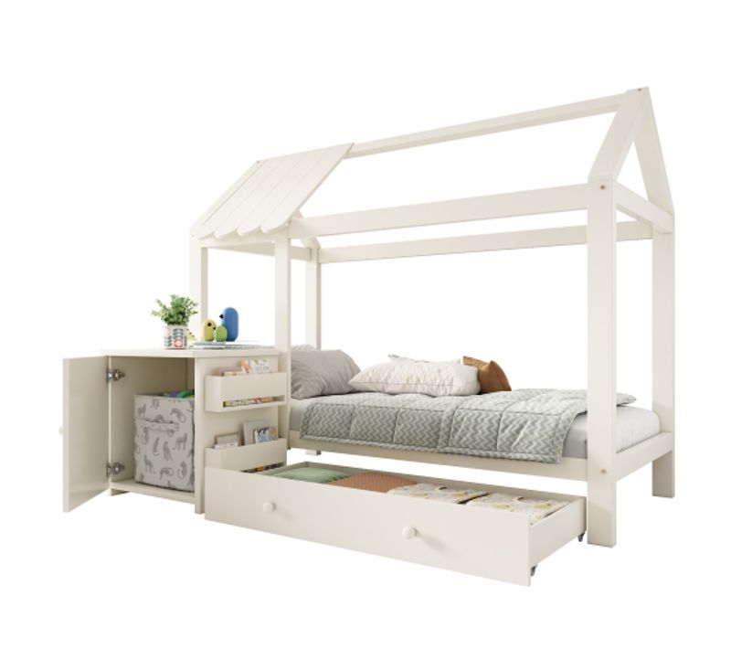Lit Cabane Enfant 90x200 Cm Avec Tiroir Et Table De Chevet avec porte, En Bois, Blanc