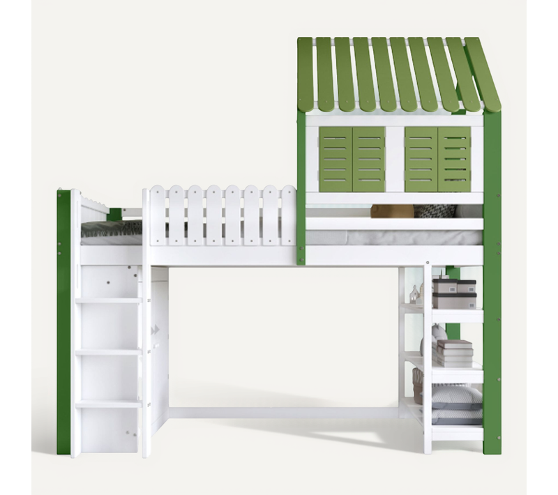 Lit Mezzanine Enfant 90x200 Cm Avec Garde-robe, 3 Étagères De Rangement Ouverte, Blanc Et Vert