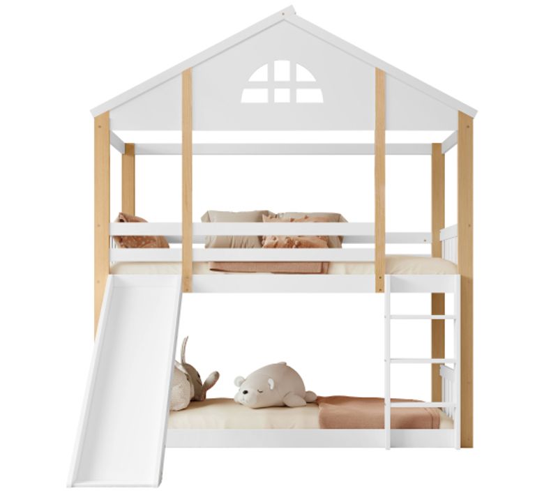 Lit Superposé Enfant 90x200 Cm Avec Fenêtres Et Échelle à 3 Marches, Toboggan, En Bois, Blanc