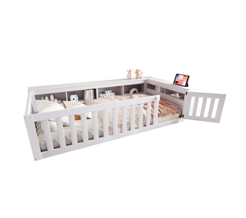Lit Enfant 90x200 Cm, Cadre De Lit Avec Des Compartiments De Rangement, Avec Porte, En Bois, Blanc