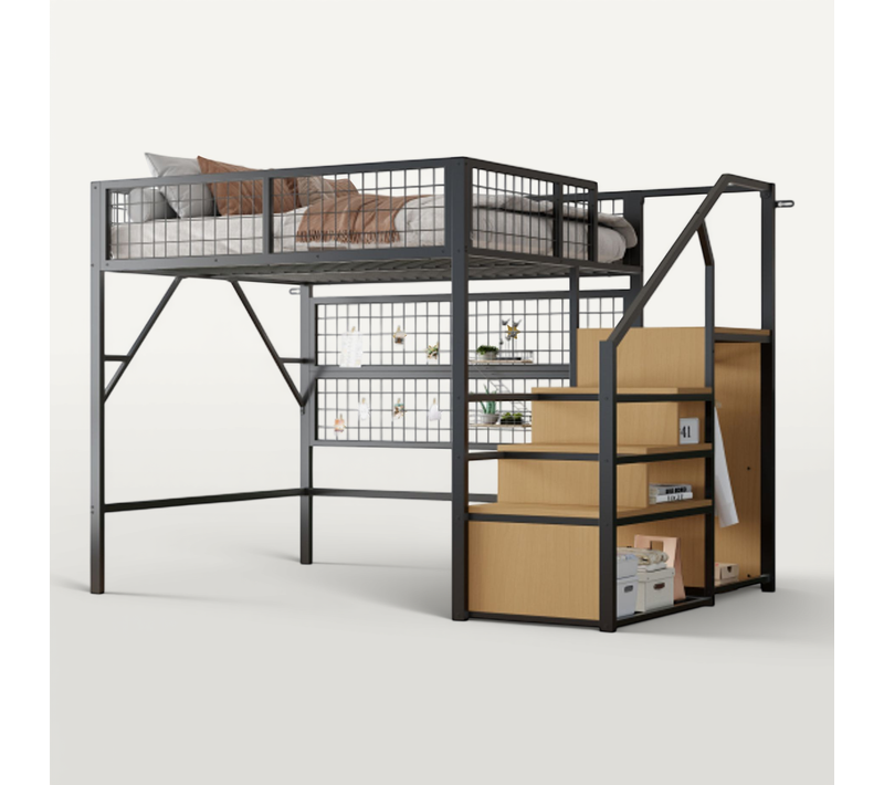Lit Mezzanine Ados 140x200 Cm En Métal Avec Éclairage LED, Escalier Avec Rangement, Noir