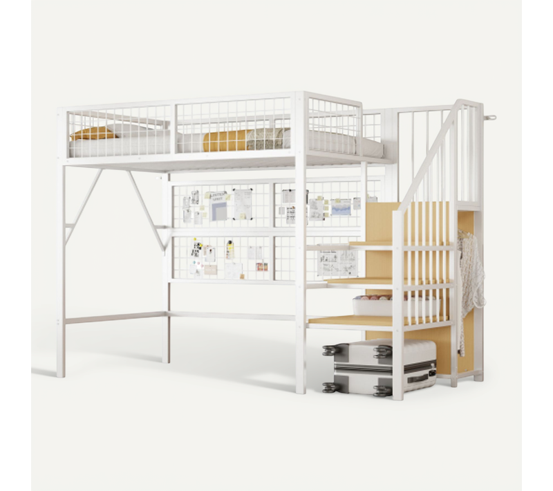 Lit Mezzanine 90x200 Cm, Lit Enfant En Métal Avec Éclairage LED, Escalier Avec Rangement, Blanc