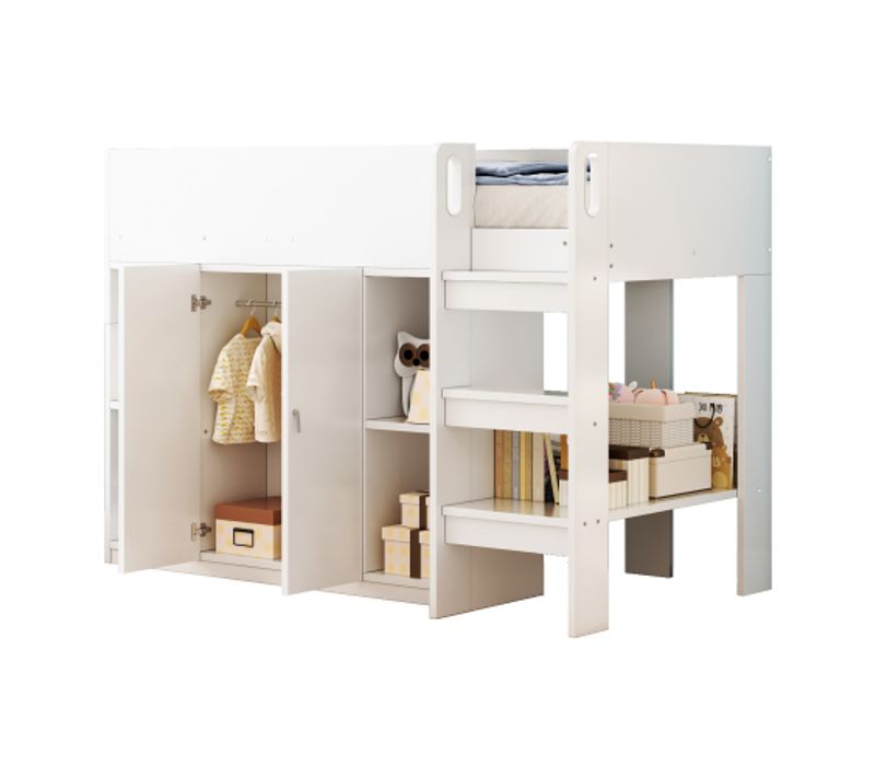 Lit Mezzanine Enfant 90x200 Cm Avec Rangements Ouverts, Armoire Et Étagère, Blanc