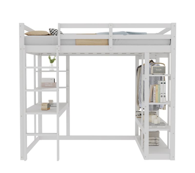 Lit Mezzanine Enfant 140x200 Cm, Cadre De Lit En Bois Avec Échelle, Table Et Étagères, Blanc
