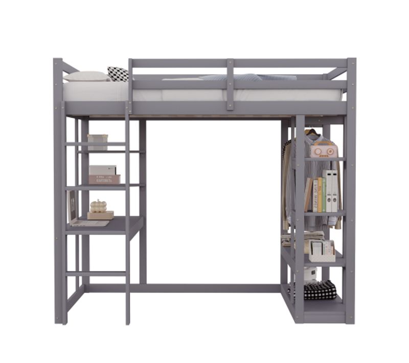 Lit Mezzanine Enfant 140x200 Cm, Cadre De Lit En Bois Avec Échelle, Table Et Étagères, Gris