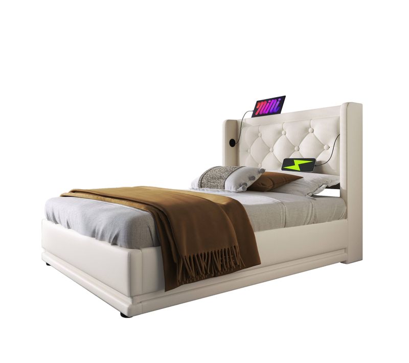 Lit90x200cm,lit Coffre,1 Place,lit Avec Rangement,led,usb,tête De Lit,pu,blanc