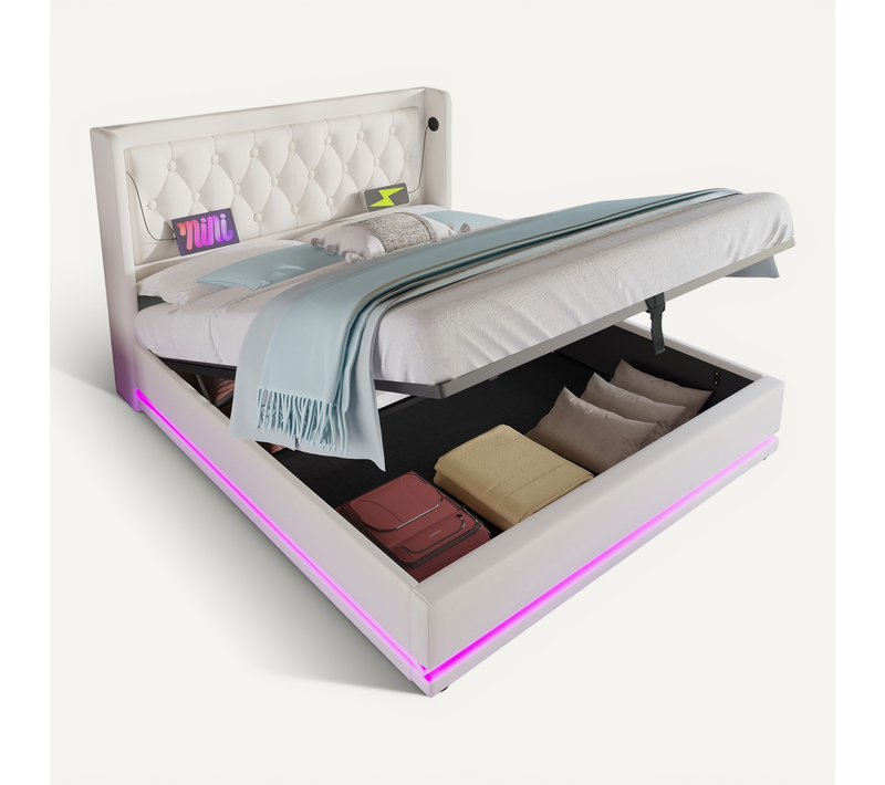 Lit140x200cm,lit Coffre,2 Places,lit Avec Rangement,led,usb,tête De Lit,pu, Blanc