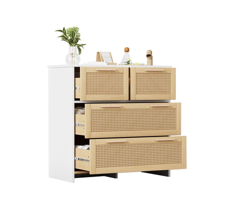 Buffet Blanc Et Bois 4 Tiroirs Meuble De Rangement 80x38x80cm