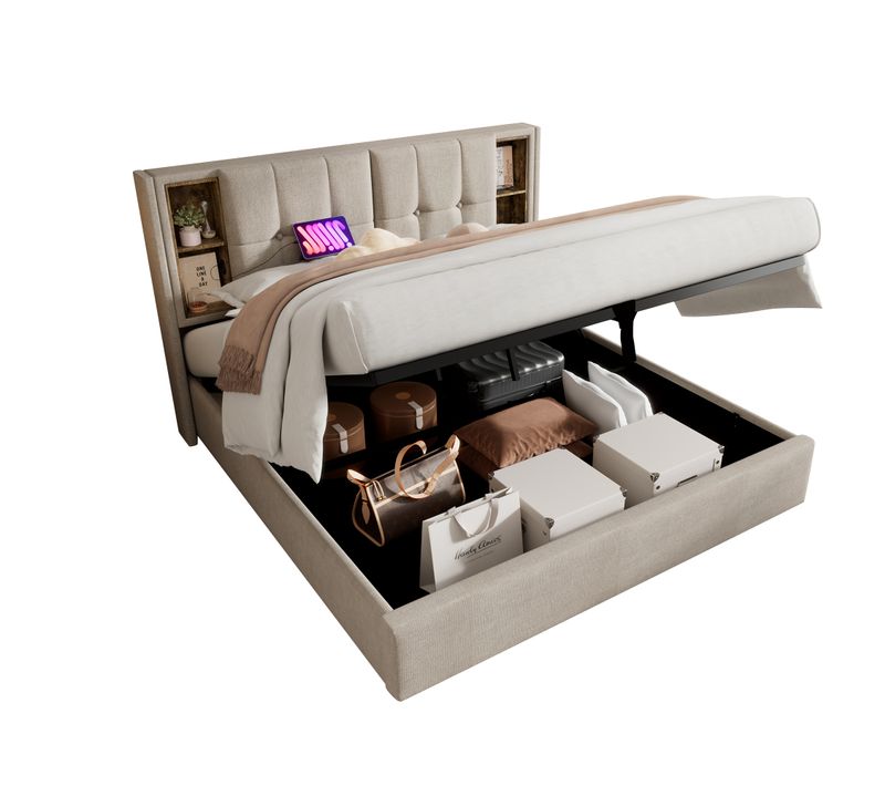 Lit 160x200,lit Coffre,cadre De Lit,lit Avec Rangement,usb,tête De Lit,lin,beige
