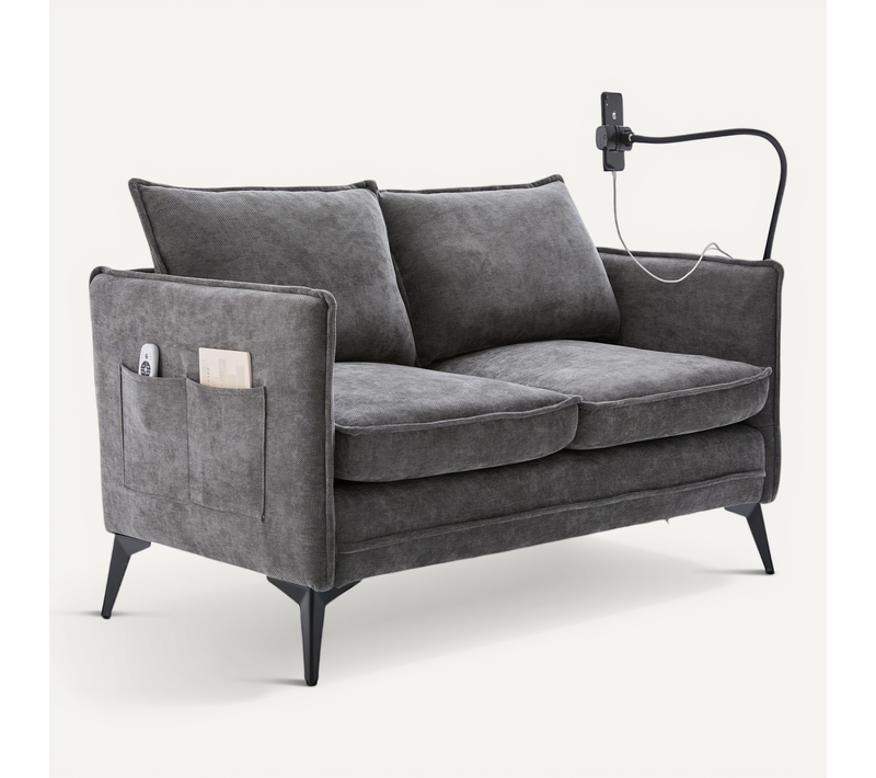 Canapé 2 Places 127cm Avec Support Téléphone Et Ports De Charge, Tissu Chenille Gris