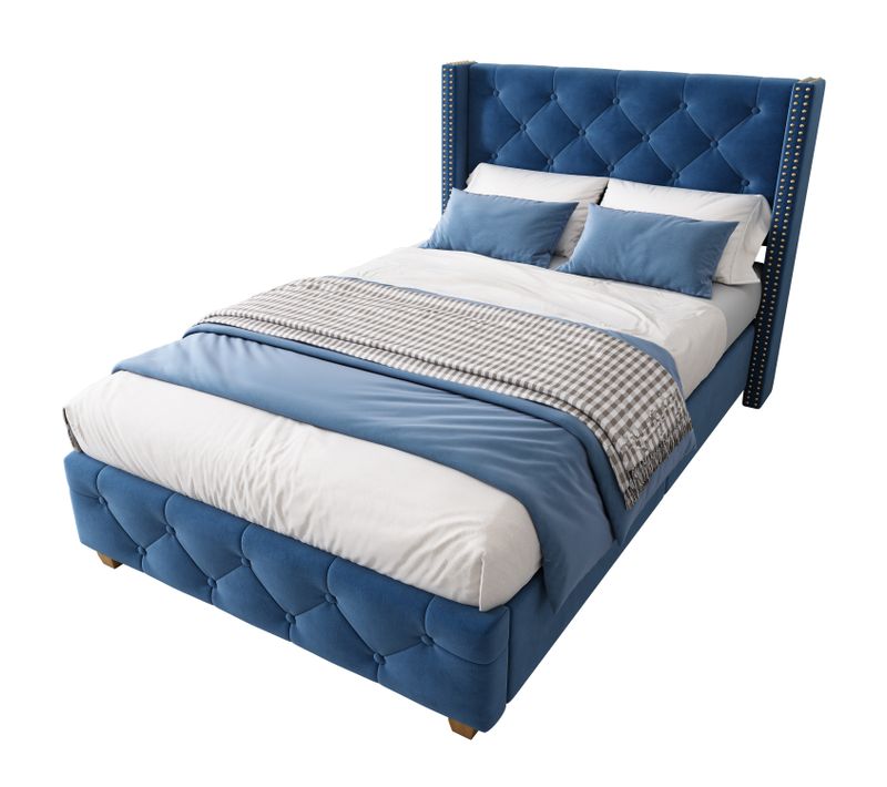 Lit90x200cm,lit 1 Place,lit Adulte,pied De Bois,sommier,agréable,tête De Lit,velours,bleu
