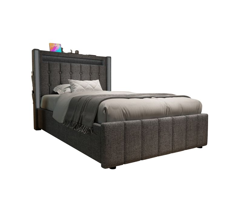 Lit90x200cm,lit 1 Place,lit Avec Rangement,led,usb,tête De Lit,lin,gris