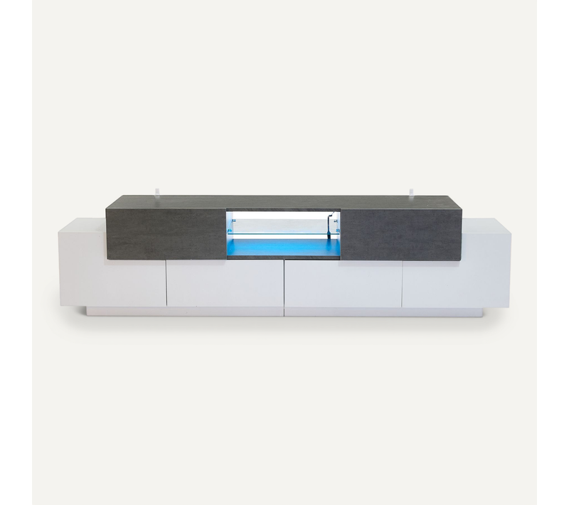 Meuble TV Gris Et Blanc LED 180cm, 2 Tiroirs, 4 Portes Et Rangement