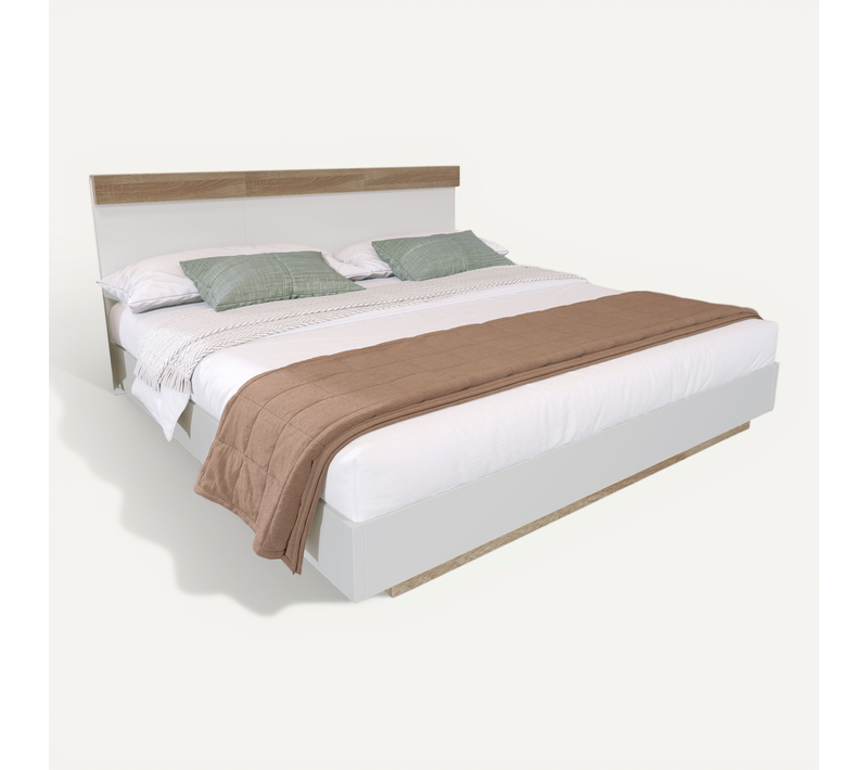 Lit Adulte Double 160x200 Cm Avec Sommier Et Tête De Lit, Bois Chêne Et Blanc