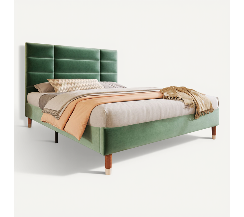 Lit Adulte 140x200 Cm 2 Places En Velours Vert Avec Tête De Lit Et Sommier