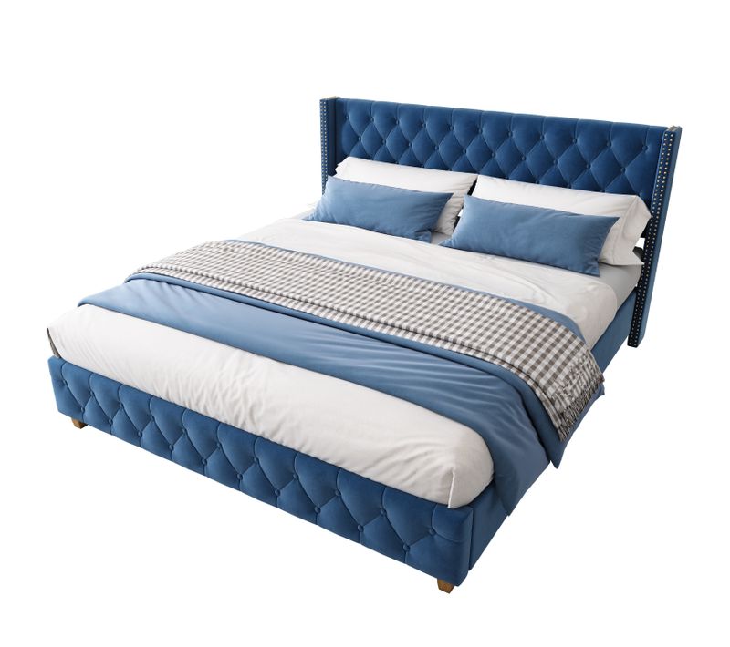 Lit Adulte 160x200 Cm En Velours Bleu Avec Sommier à Lattes En Bois