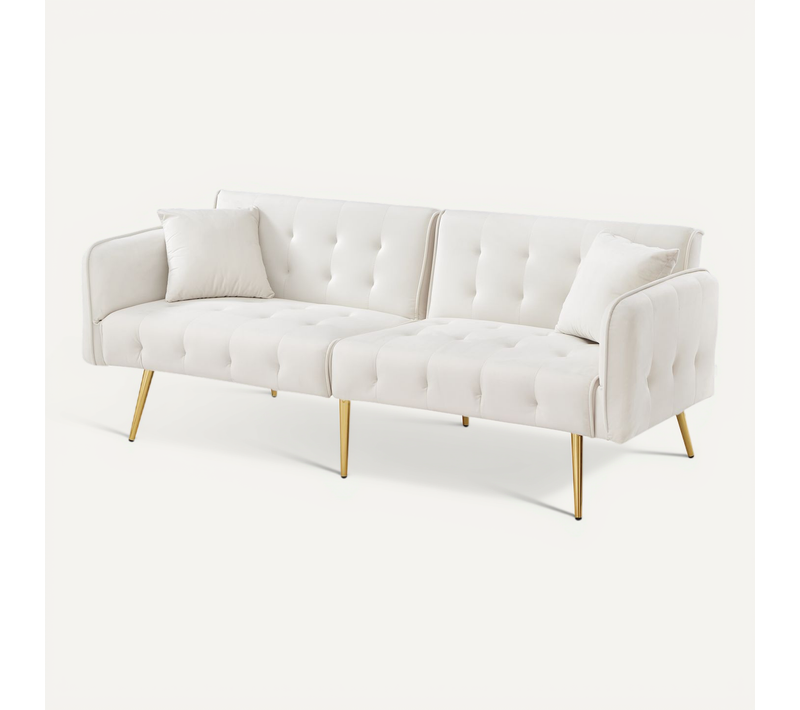 Canapé Convertible 2 Places Velours Blanc Antique 178 Cm Accoudoirs Et Dossier Réglable
