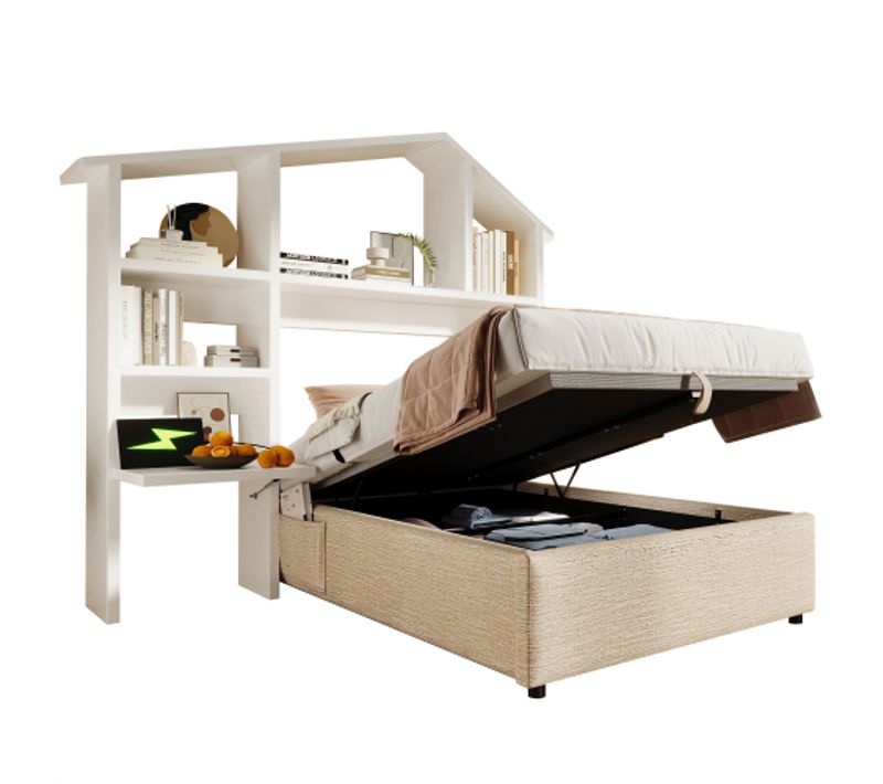 Lit Coffre 90x200 Cm, Lit Enfant Avec Bibliothèque De Chevet Blanche, Port USB-c, En Lin, Naturel