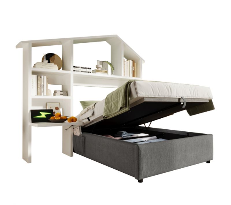 Lit Coffre 90x200 Cm, Lit Enfant Avec Bibliothèque De Chevet Blanche, Port USB-c, En Lin, Gris