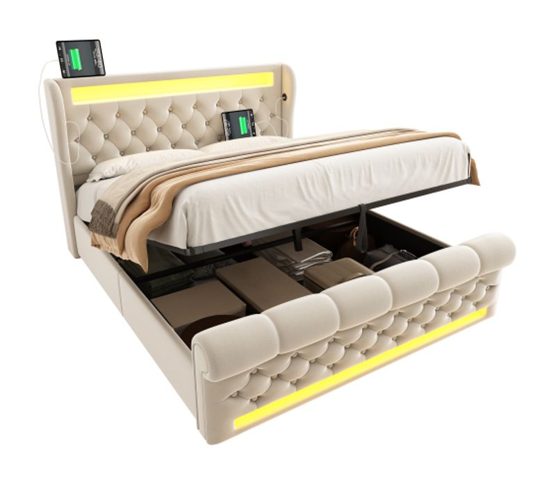 Lit Coffre 160x200 Cm, Lit Adulte Avec Lumière LED, Ports USB Et Type-c, Velours, Beige