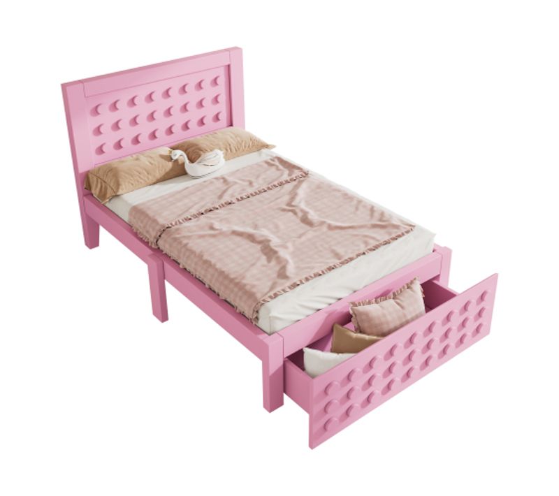 Lit Enfant 90x200 Cm Avec Tiroir, Design En Forme De Blocs De Construction, Sommier à Lattes, Rose