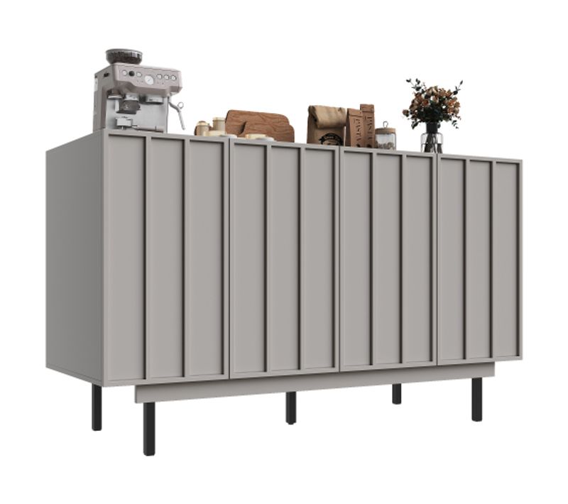 Buffet De Cuisine Gris Clair, Buffet Avec 4 Portes, Pieds Noirs, Sans Poignées, Anti-basculement