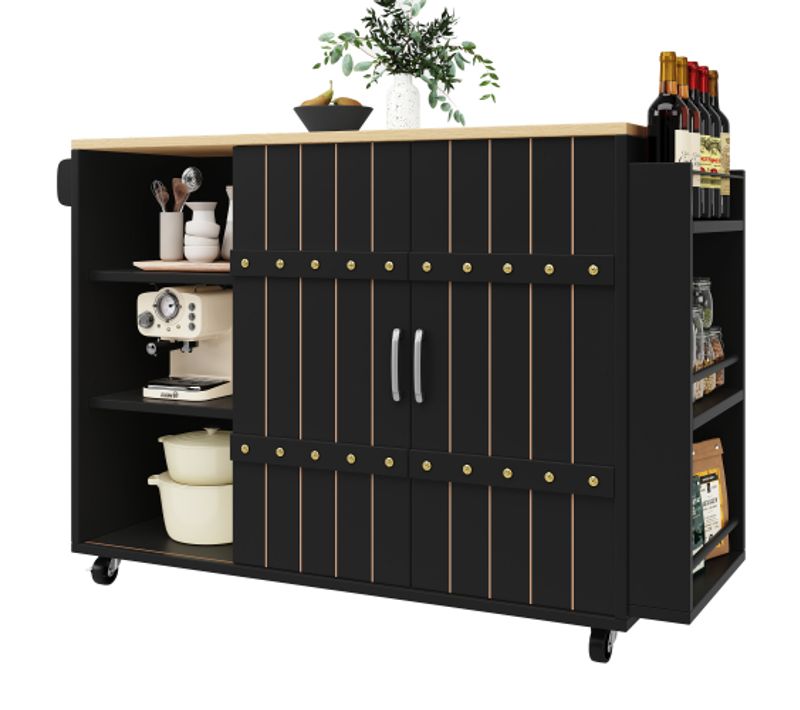 Desserte De Cuisine à 5 Roulettes, Plateau Pliant En Bois, Porte Coulissante, 3 Tiroirs, Noir